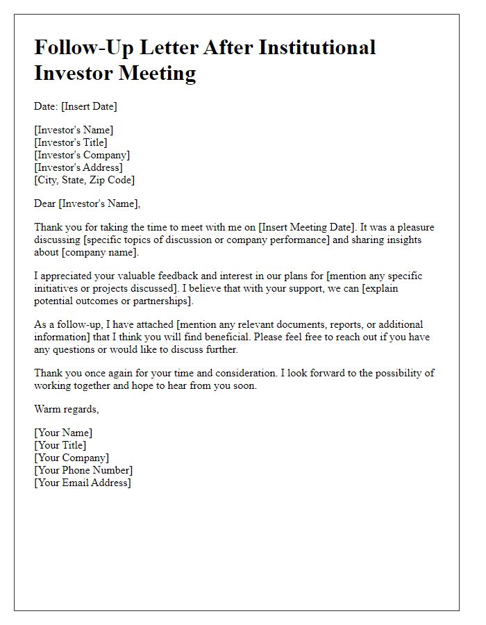 Letter template of follow-up after institutional investor meeting