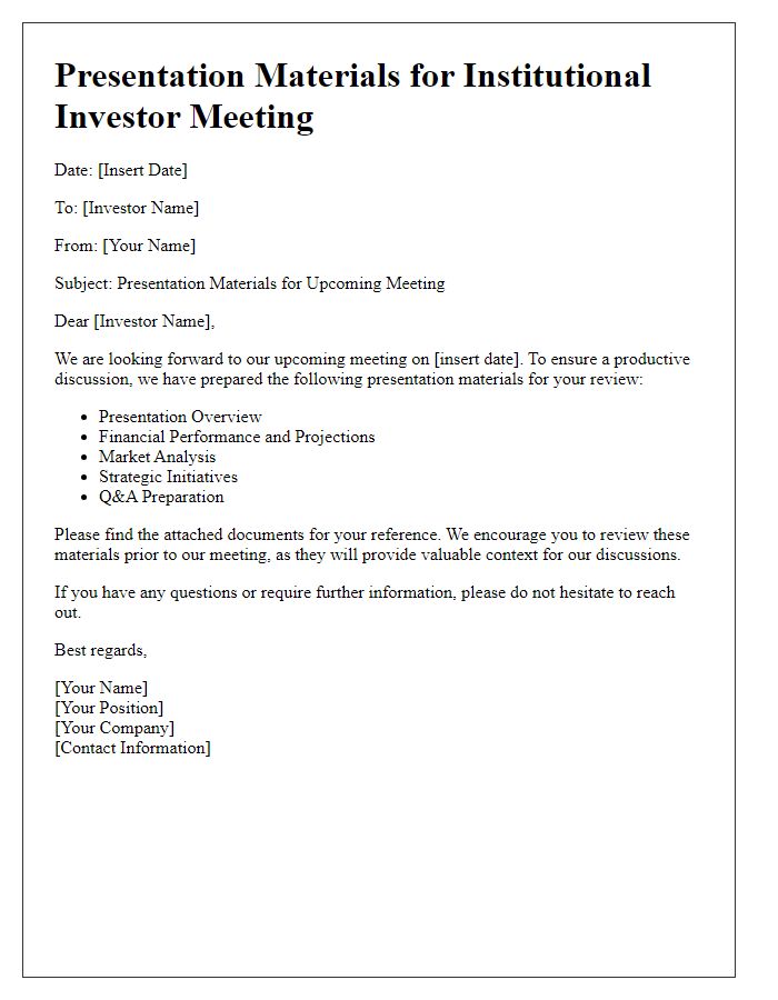 Letter template of presentation materials for institutional investor meeting