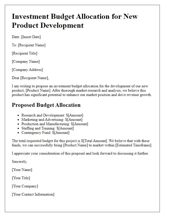 Letter template of investment budget allocation for new product development.