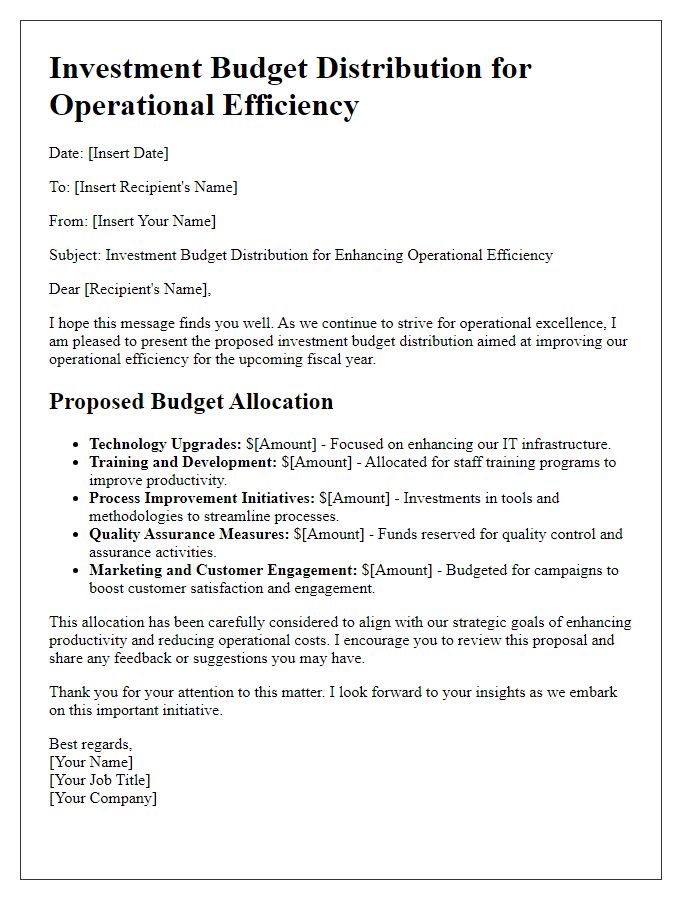 Letter template of investment budget distribution for operational efficiency.