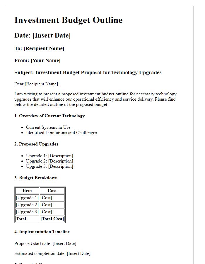 Letter template of investment budget outline for technology upgrades.