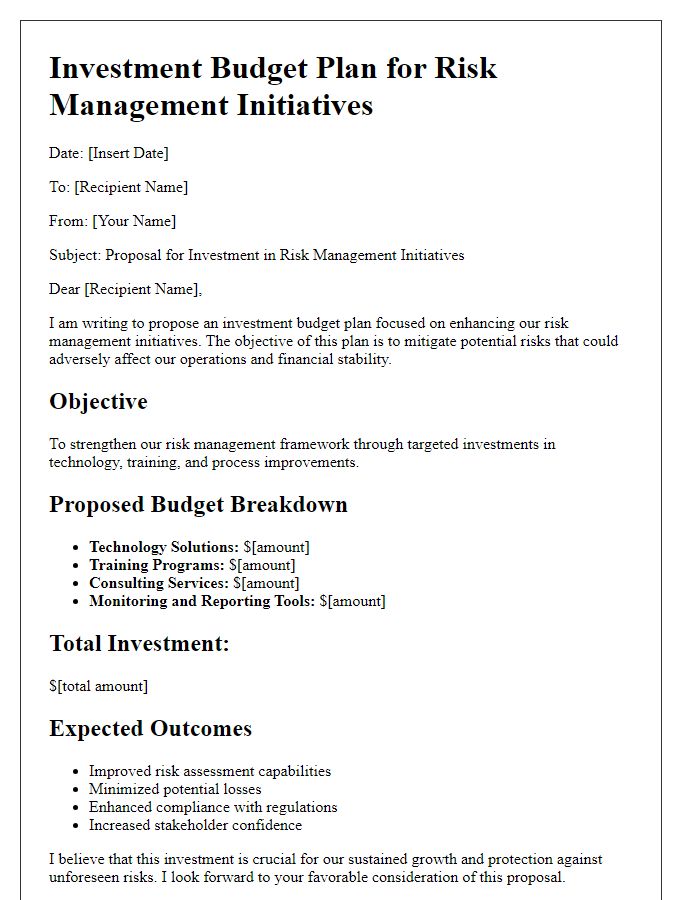 Letter template of investment budget plan for risk management initiatives.