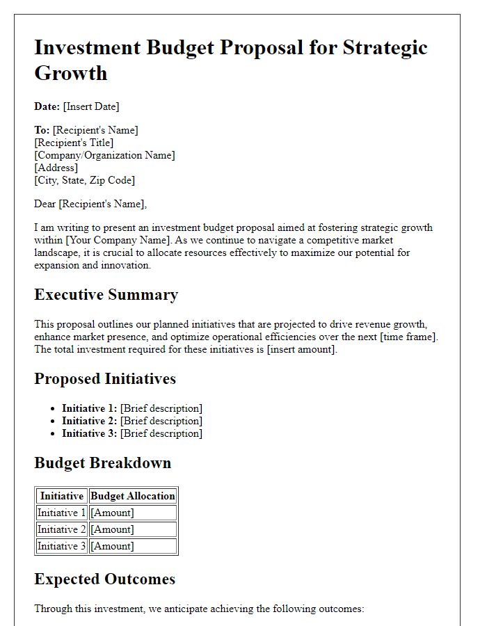 Letter template of investment budget proposal for strategic growth.