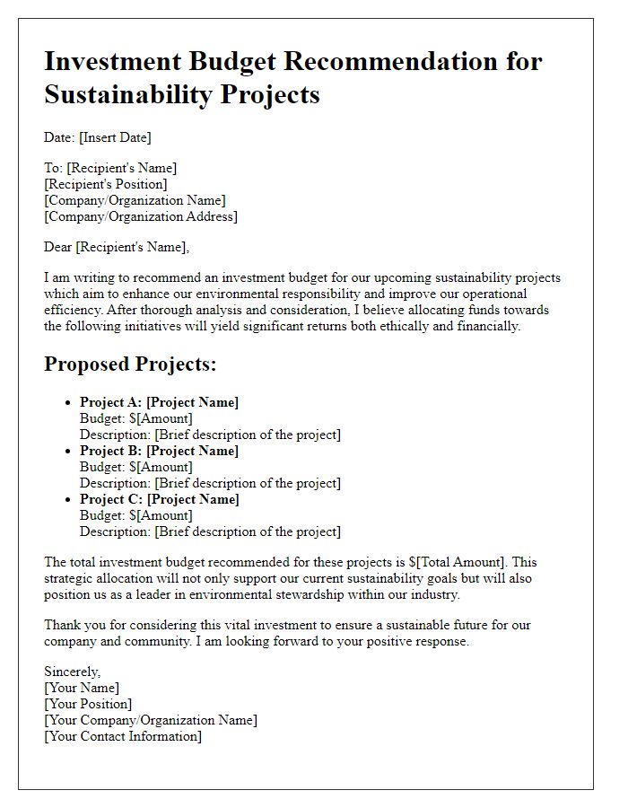 Letter template of investment budget recommendation for sustainability projects.