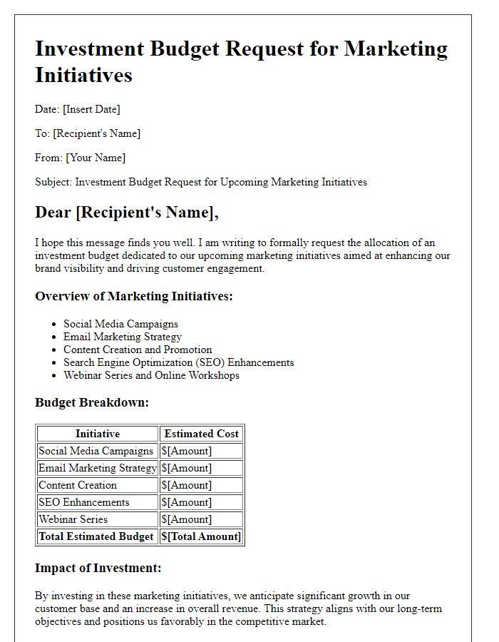 Letter template of investment budget request for marketing initiatives.