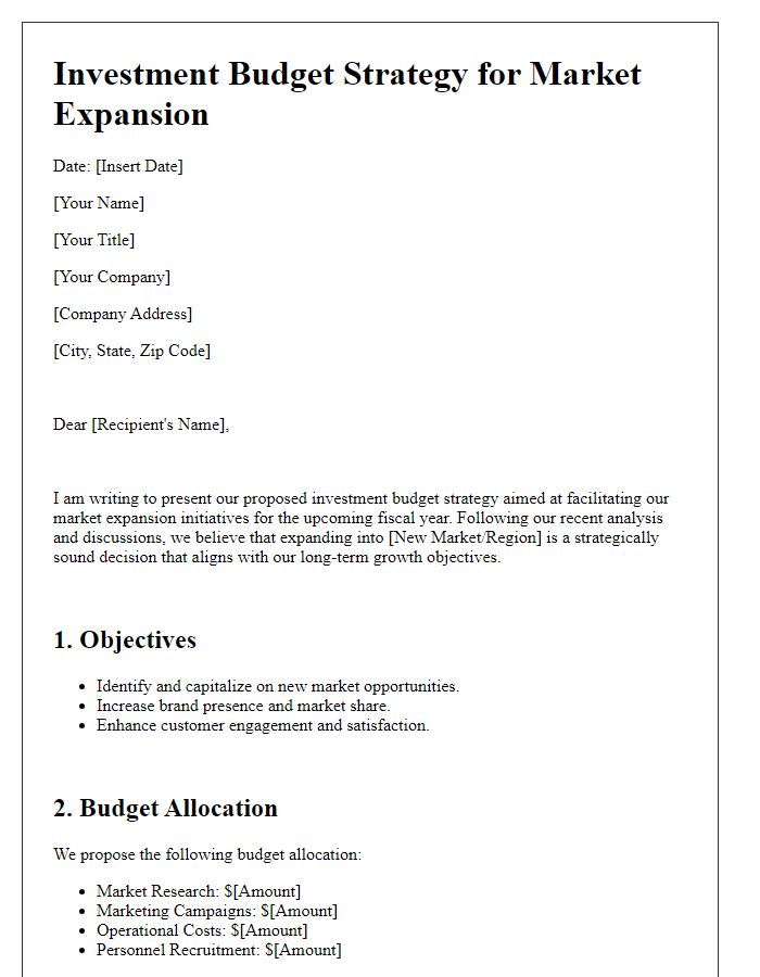 Letter template of investment budget strategy for market expansion.