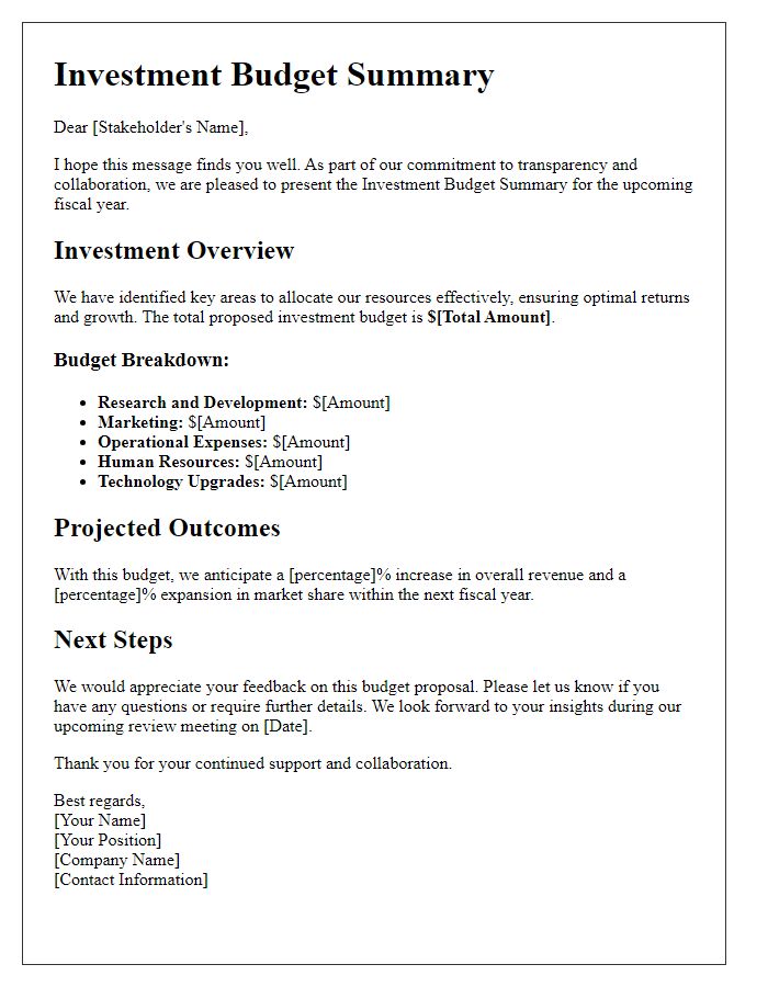 Letter template of investment budget summary for stakeholder review.