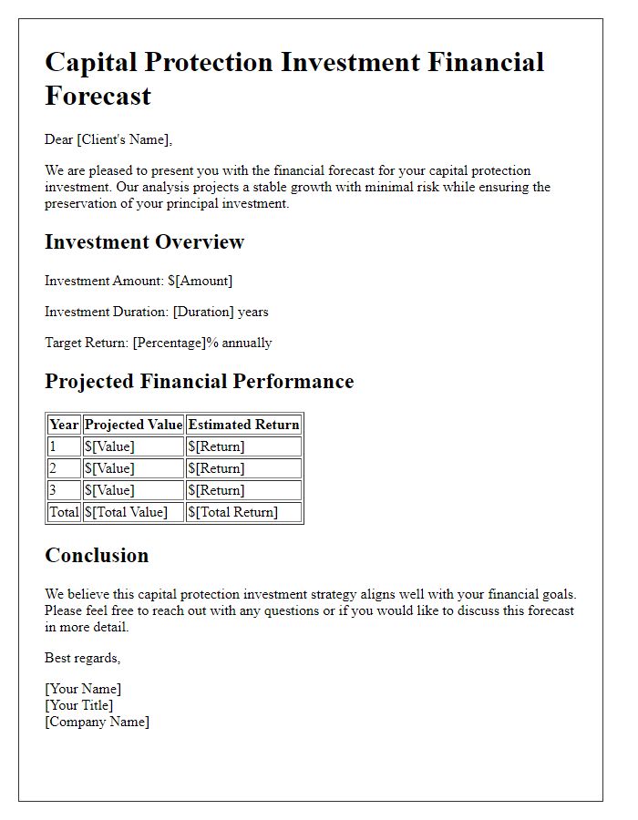 Letter template of capital protection investment financial forecast