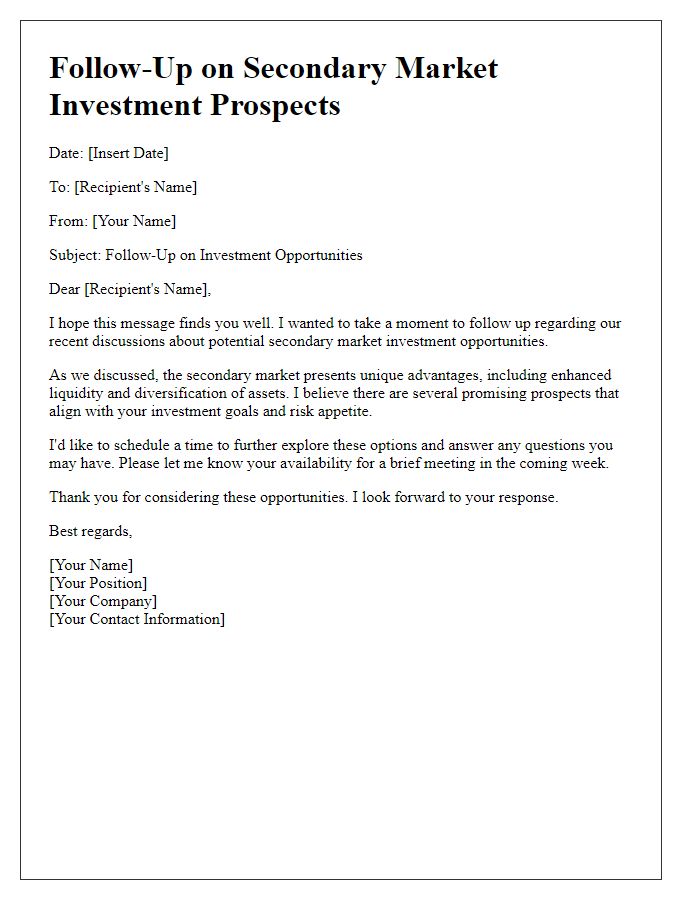 Letter template of follow-up on secondary market investment prospects