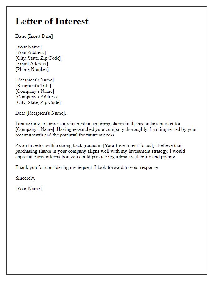 Letter template of interest in secondary market shares