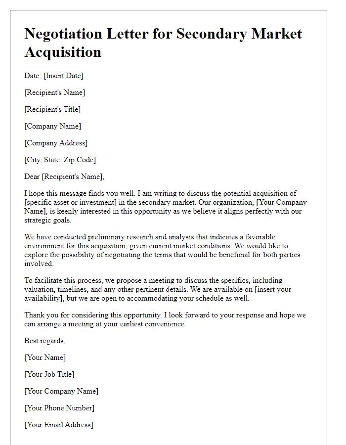 Letter template of negotiation for secondary market acquisition