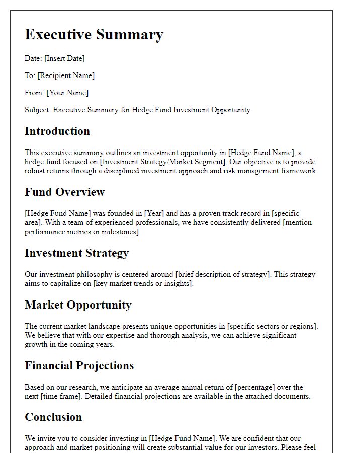 Letter template of Executive Summary for Hedge Fund Investment