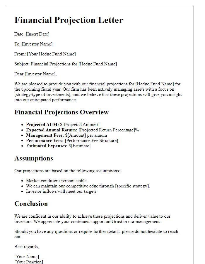 Letter template of Financial Projection for Hedge Fund Investors