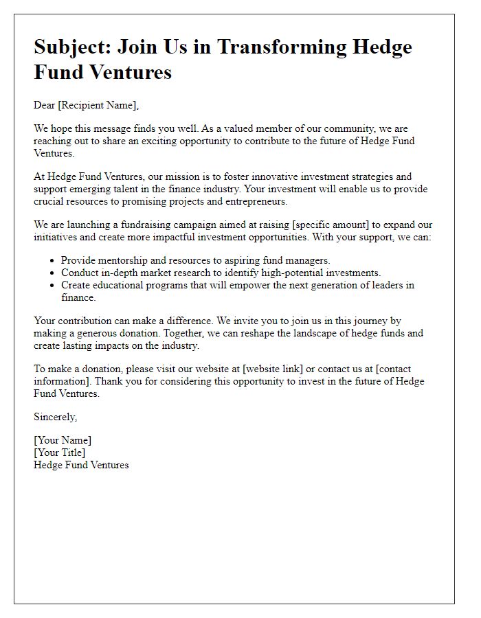 Letter template of Fundraising Appeal for Hedge Fund Ventures