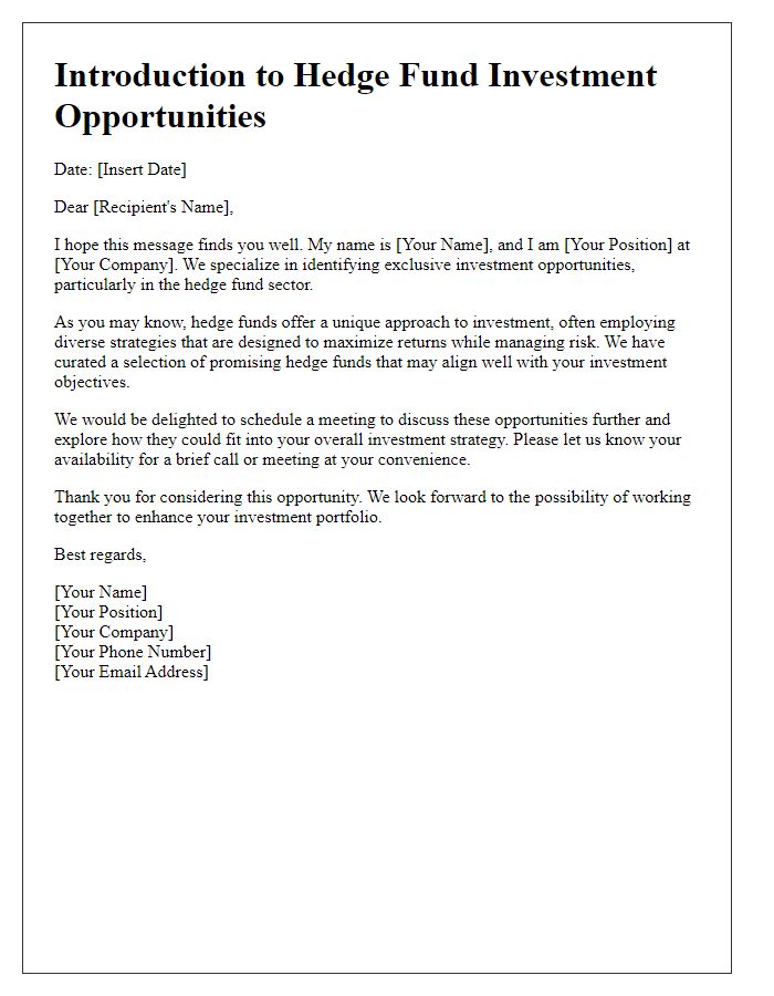 Letter template of Introduction to Hedge Fund Investment Opportunities