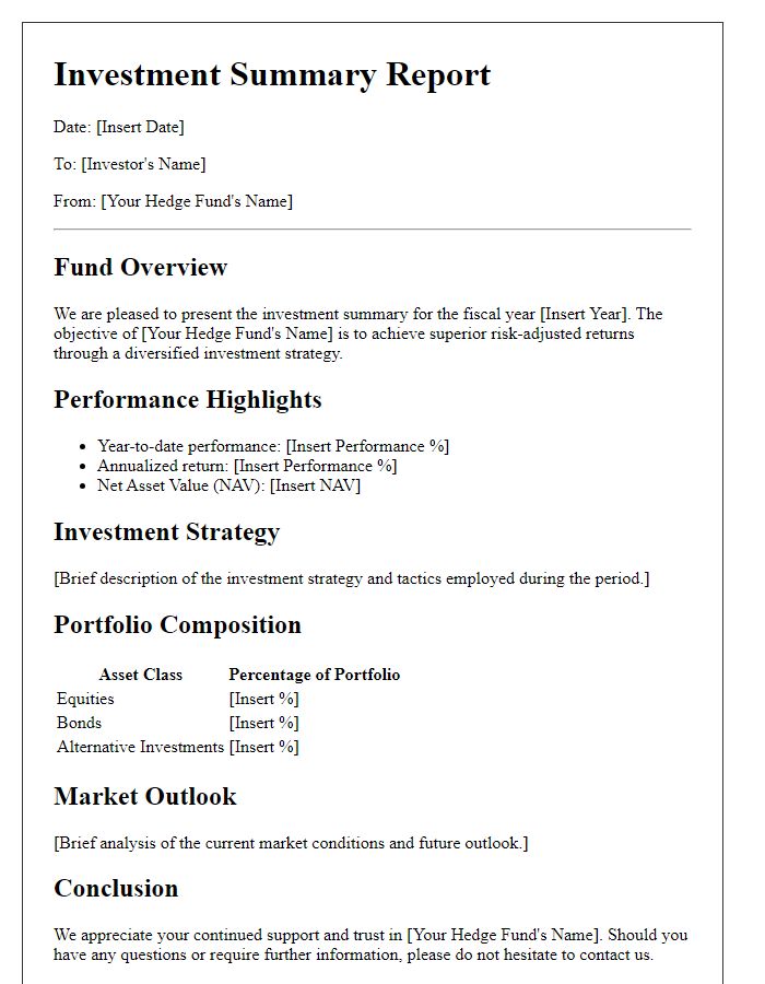 Letter template of Investment Summary for Hedge Fund Performance