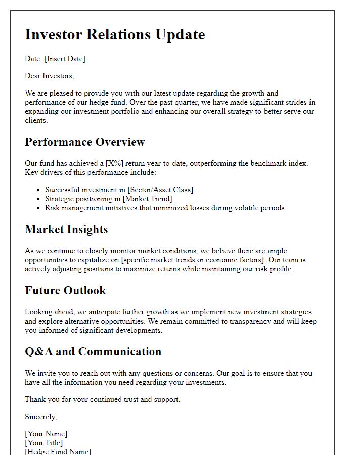 Letter template of Investor Relations Update for Hedge Fund Growth