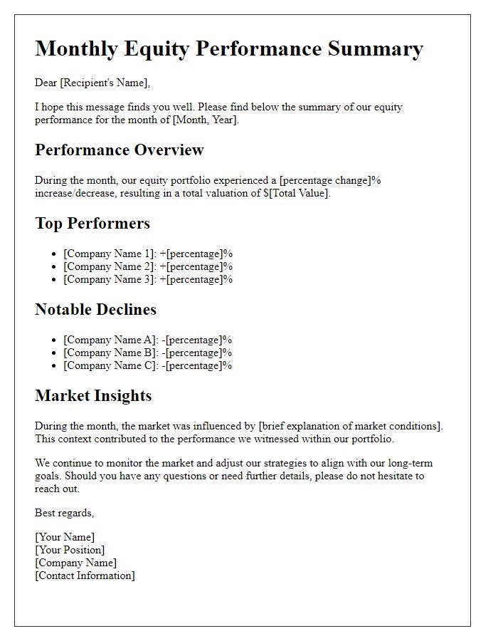 Letter template of monthly equity performance summary