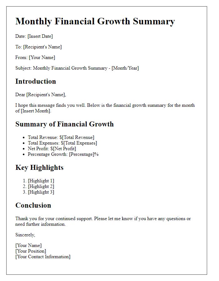 Letter template of monthly financial growth summary