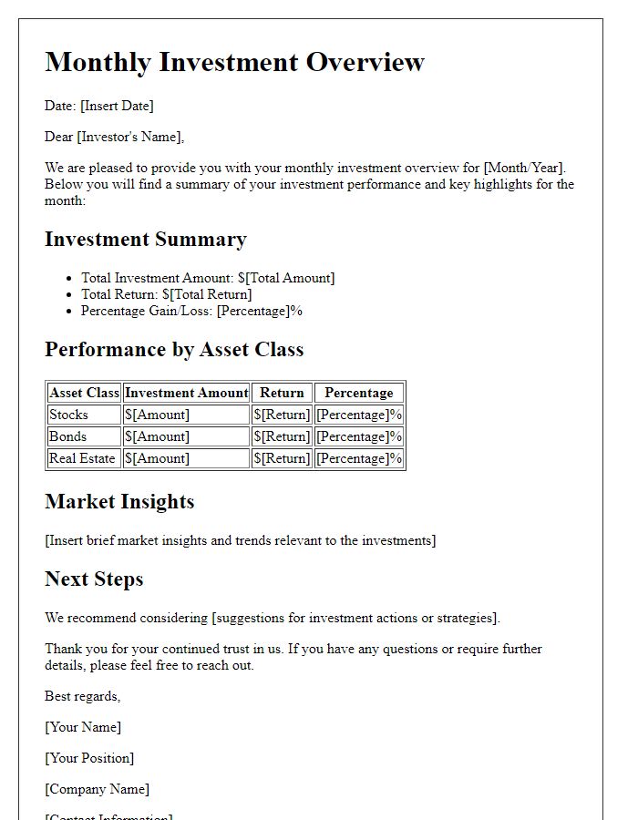 Letter template of monthly investment overview