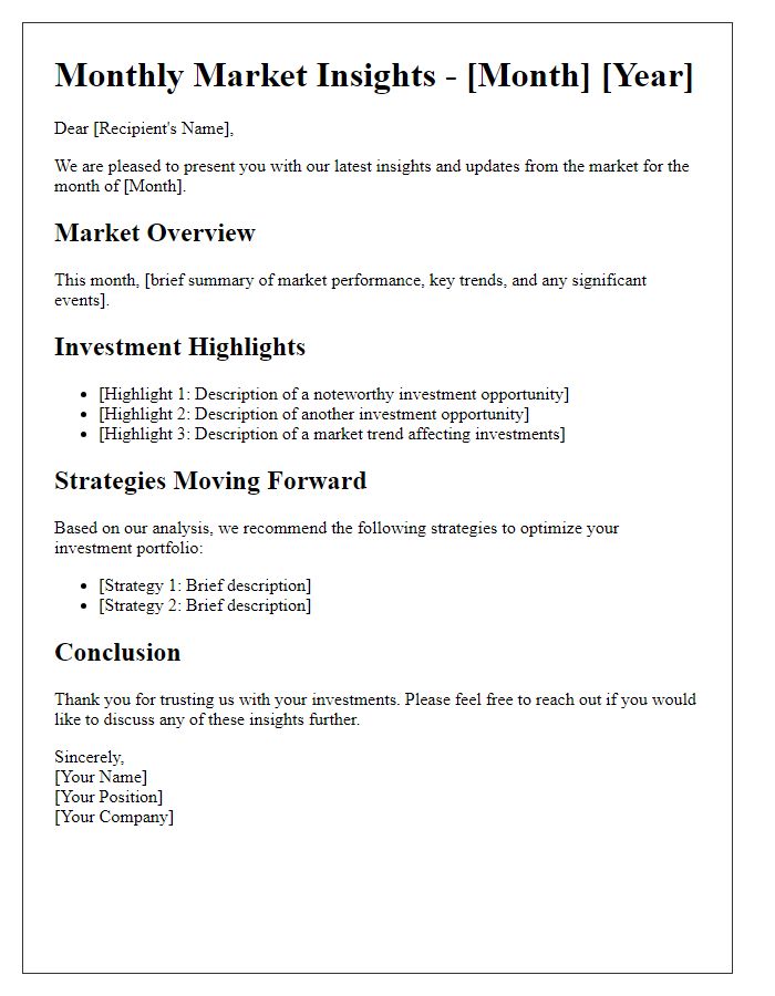 Letter template of monthly market insights and investments