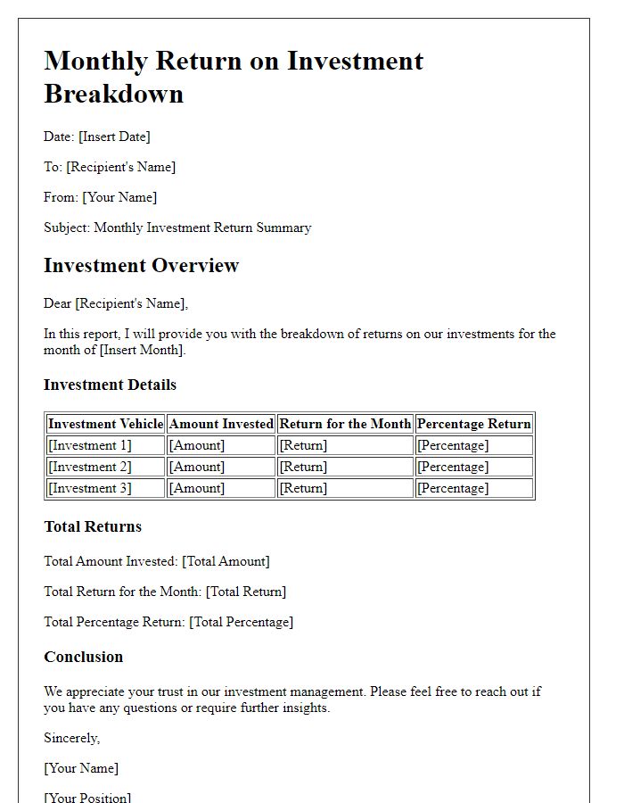 Letter template of monthly return on investment breakdown