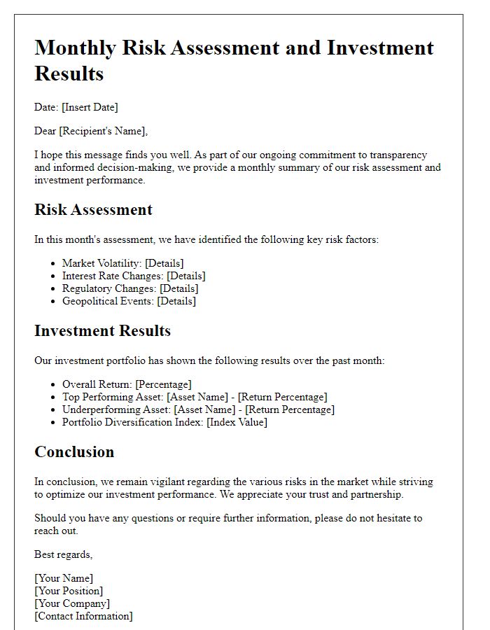 Letter template of monthly risk assessment and investment results