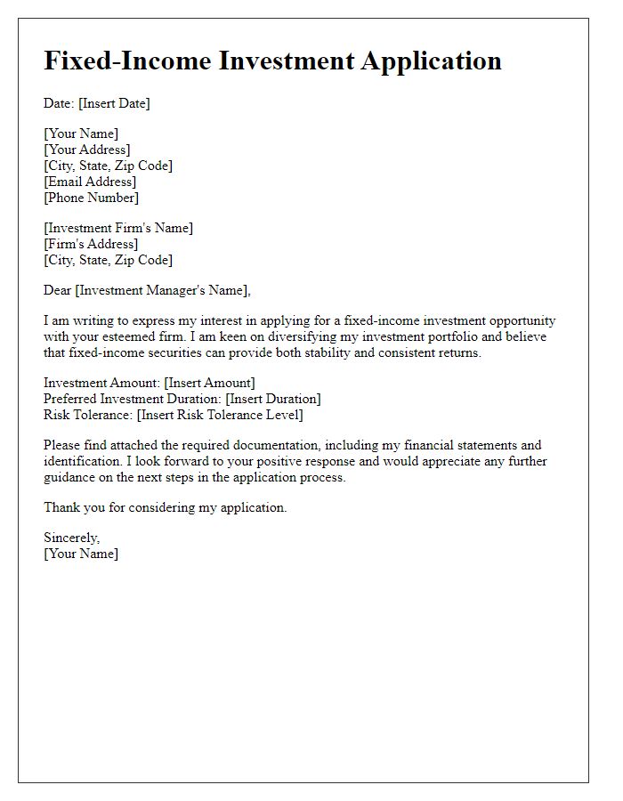 Letter template of fixed-income investment application.