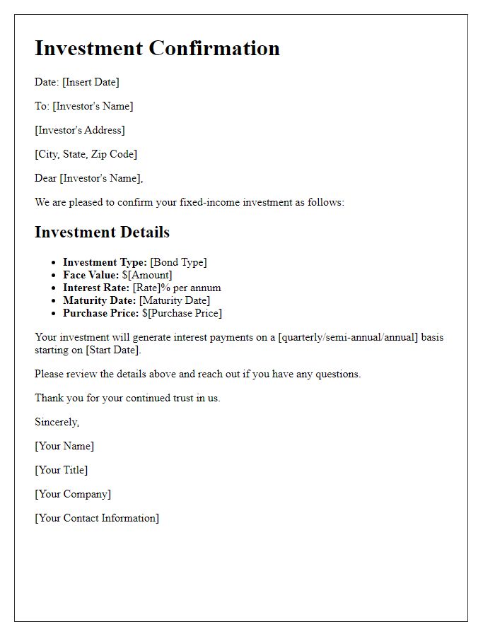 Letter template of fixed-income investment confirmation.