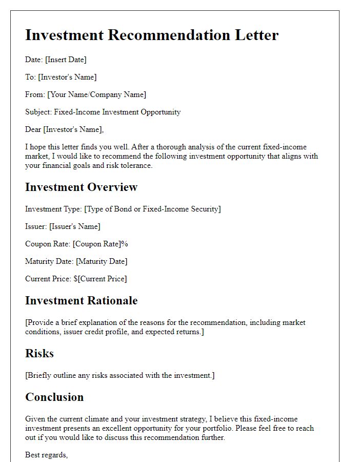 Letter template of fixed-income investment recommendation.