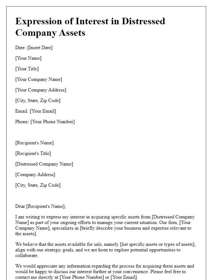 Letter template of expression of interest in distressed company assets