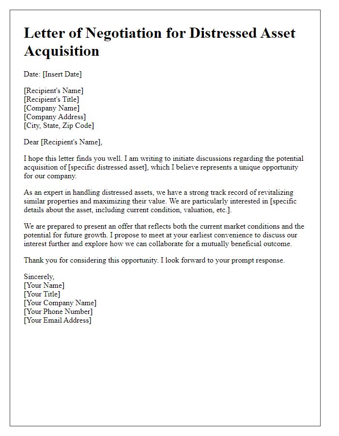 Letter template of negotiation for distressed asset acquisition