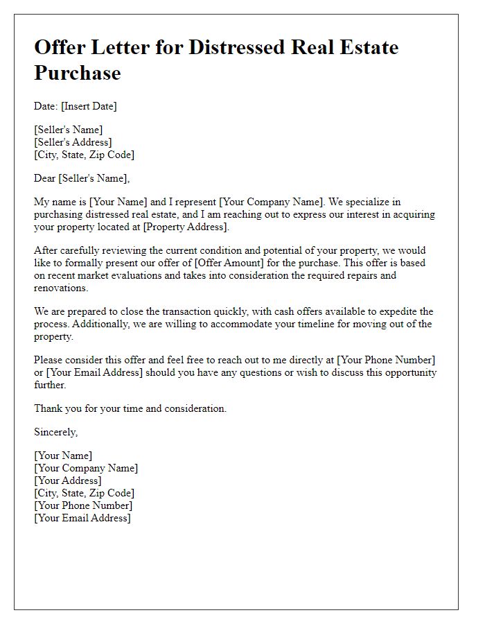 Letter template of offer for purchasing distressed real estate