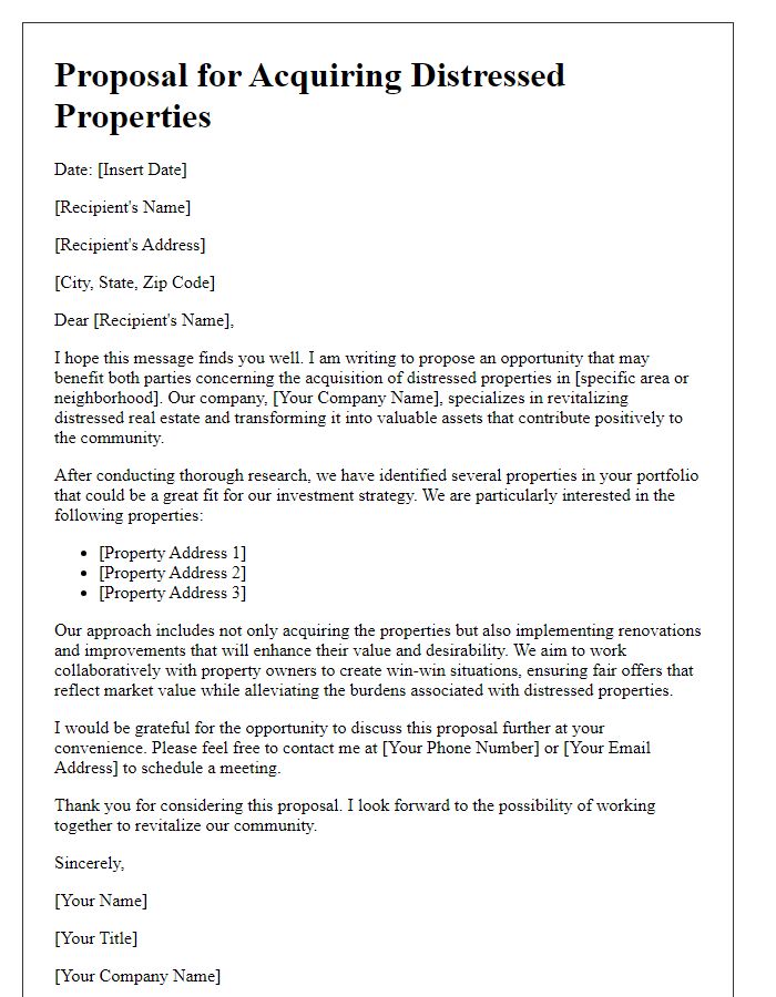 Letter template of proposal for acquiring distressed properties