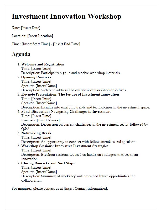 Letter template of agenda for investment innovation workshop