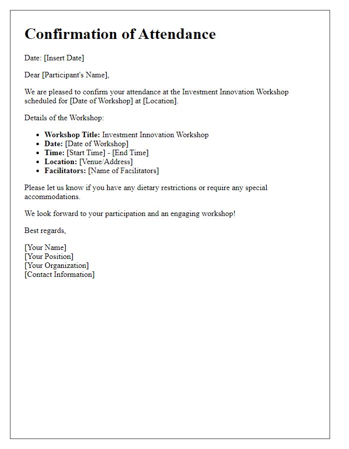 Letter template of confirmation for investment innovation workshop attendance