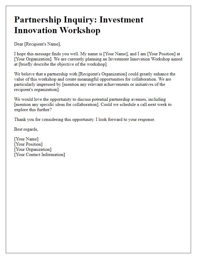 Letter template of partnership inquiry regarding investment innovation workshop