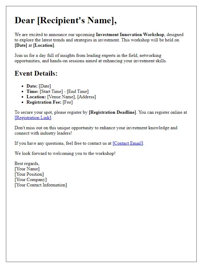 Letter template of promotional outreach for investment innovation workshop