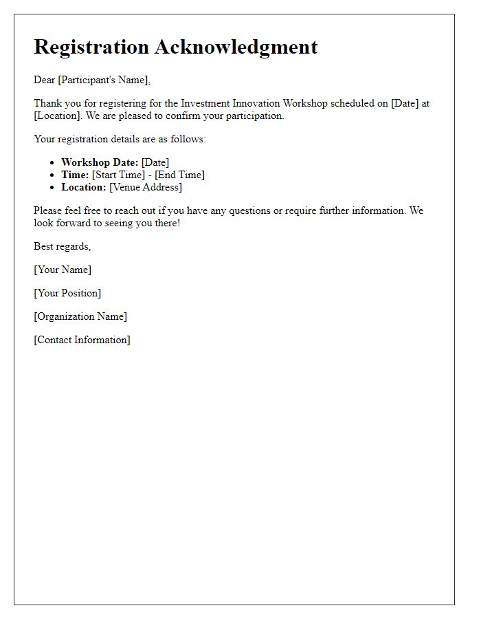 Letter template of registration acknowledgment for investment innovation workshop