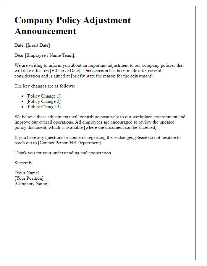 Letter template of company policy adjustment announcement