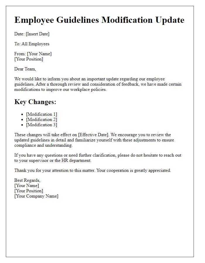 Letter template of employee guidelines modification update