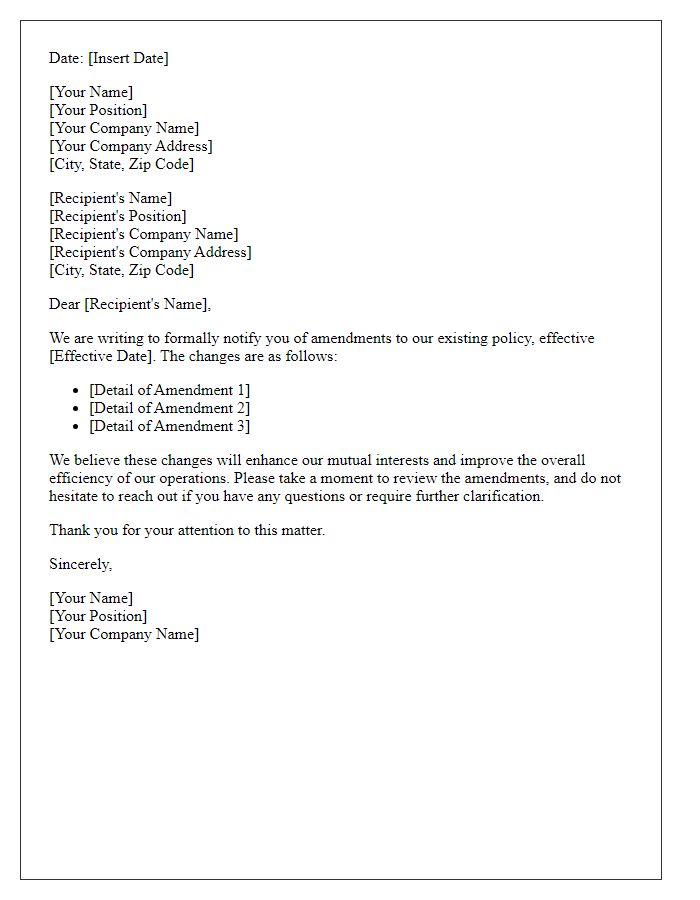 Letter template of formal notice for policy amendments