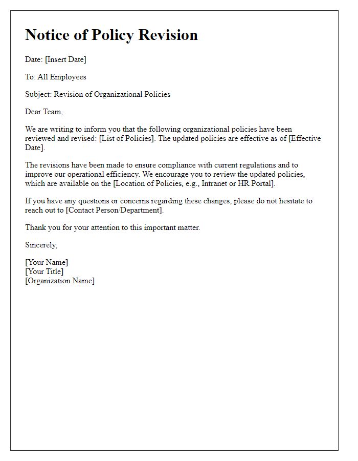 Letter template of organizational policy revision notice