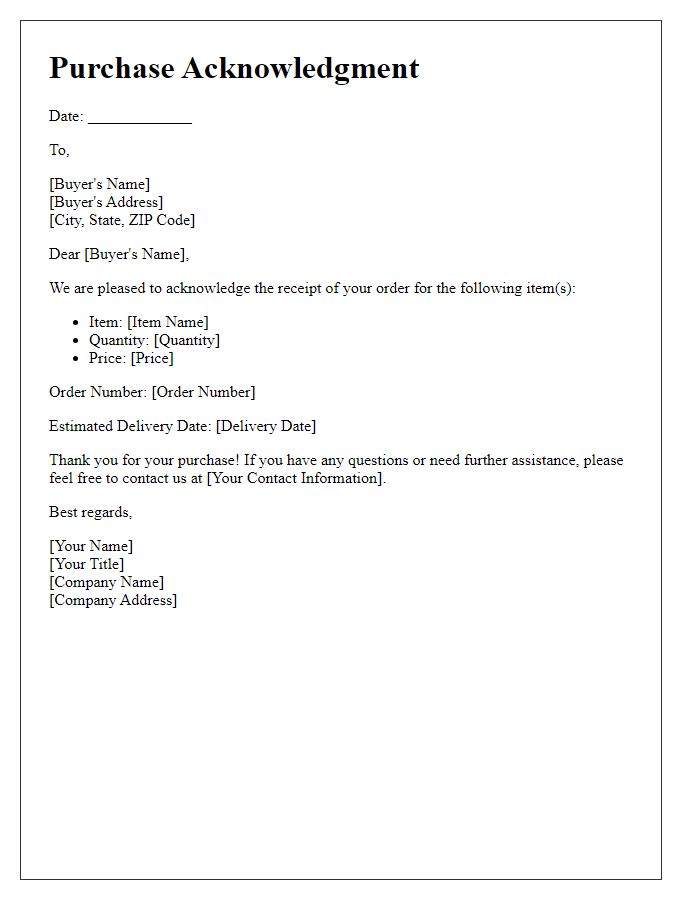 Letter template of Acknowledgment for Buyer Purchase