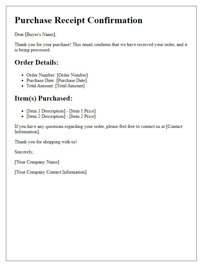 Letter template of Buyer Purchase Receipt Confirmation