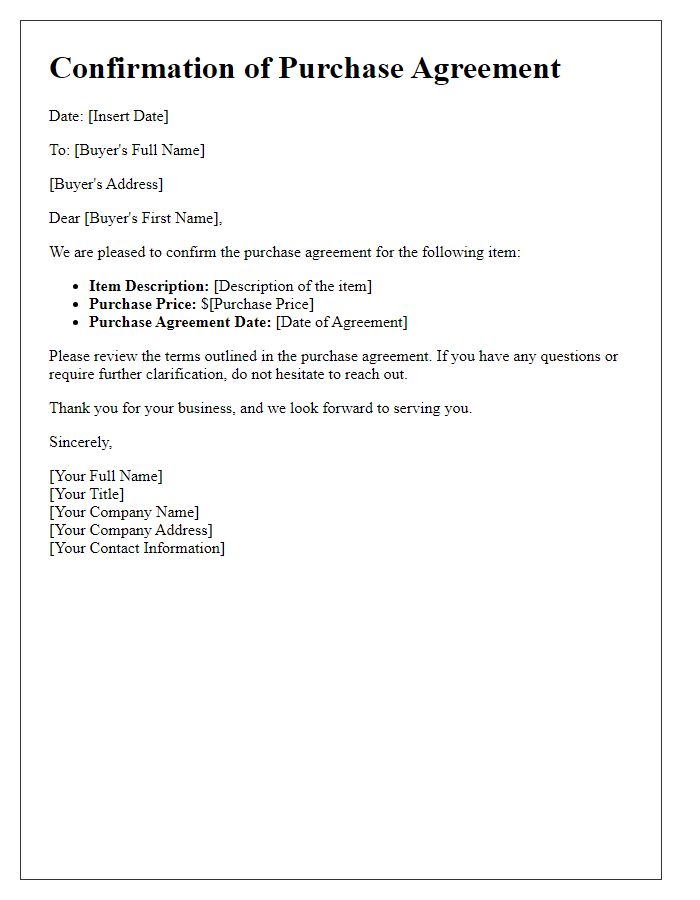 Letter template of Confirmation for Buyers Purchase Agreement