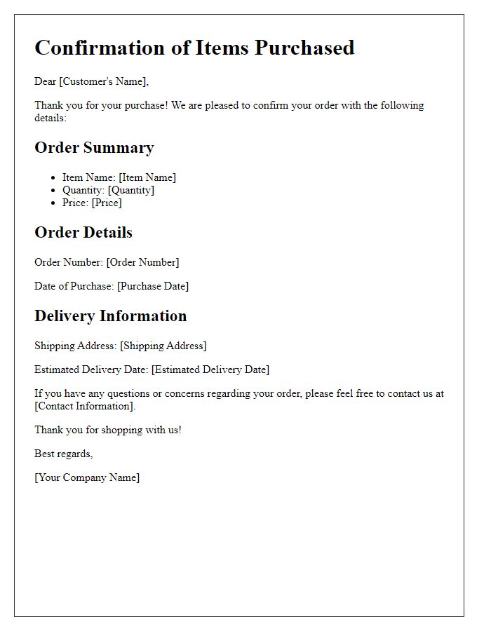 Letter template of Confirmation of Items Purchased