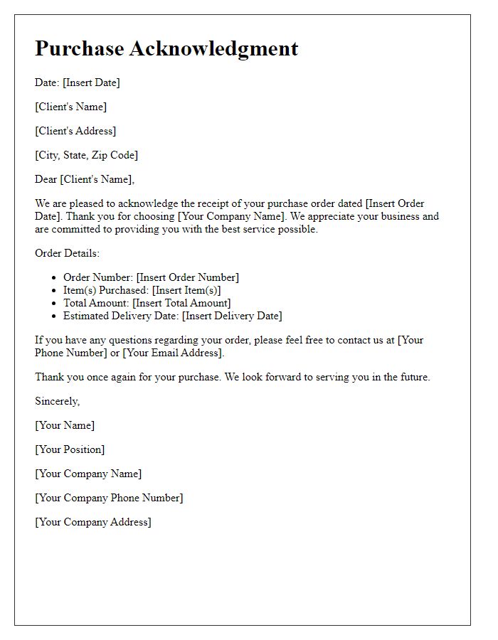 Letter template of Purchase Acknowledgment for Clients