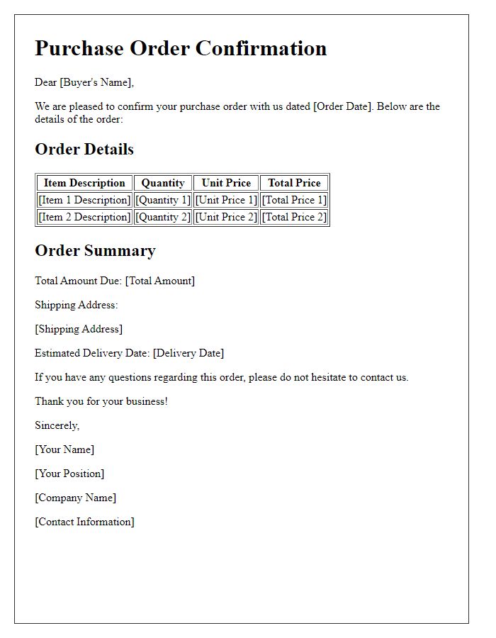 Letter template of Purchase Order Confirmation for Buyers