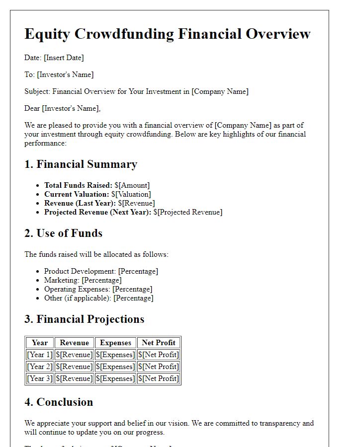 Letter template of equity crowdfunding financial overview